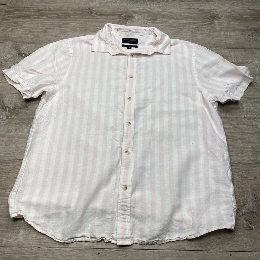 Banana Republic Linen Cotton Shirt Mens Large Slim Fit Pink Stripe Short Sleeve